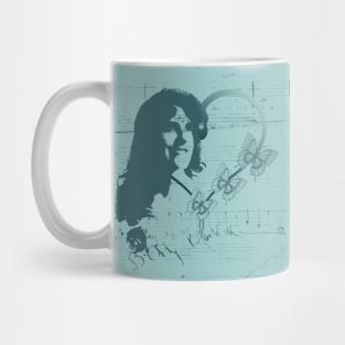 Female Silhouette Soprano Opera Singer, Music, Handwritten Scales, Butterflies and Hearts in Teal Mug